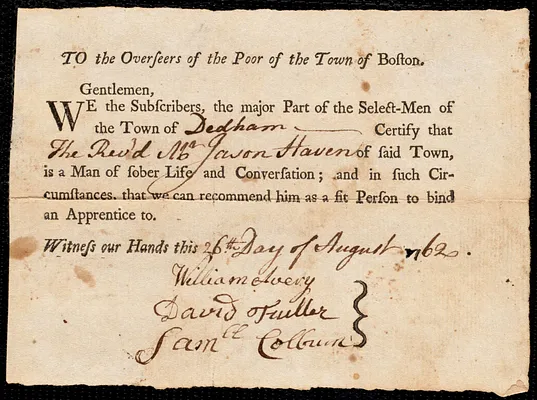 Thomas Akley indentured to apprentice with Jason Haven of Dedham, 6 November 1771