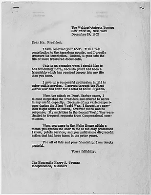 Hoover thanks Truman for opportunities to re-enter public service, December 19, 1962.