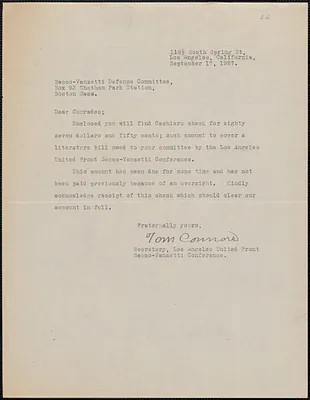 Tom Connors (Los Angeles United Front Sacco-Vanzetti Conference) typed letter signed to Sacco-Vanzetti Defense Committee, Los Angeles, Calif., September 17, 1927