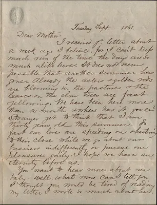 James Walter Spooner to Mary Spooner Sept. [17] 1861 w/envelope postmarked Sept. 18