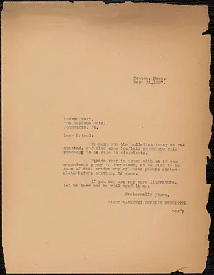 Sacco-Vanzetti Defense Committee typed letter (copy) to Steven Wolf, Boston, Mass., May 31, 1927