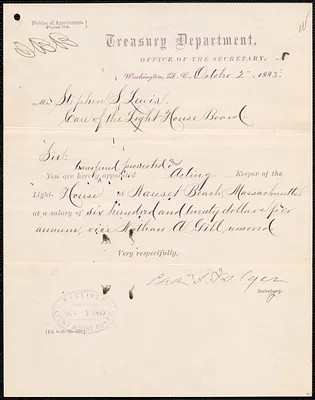 Transfer and appointment letter from Charles J. Folger, Secretary of the Treasury, to Stephen S. Lewis, 1883 October 2