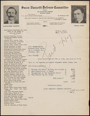 Joseph Moro (Sacco-Vanzetti Defense Committee) typed note signed to S. T. Hammersmark (Workers Book Store), Boston, Mass., 10 September 1927