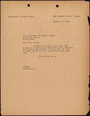 [Fred H. Moore] typed note signed to Elizabeth Glendower Evans, Boston, Mass., January 9, 1924