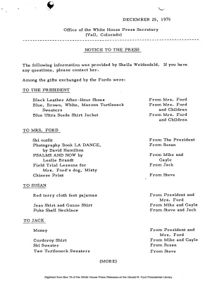 Ford Family's Christmas Gifts [Notice to Press]