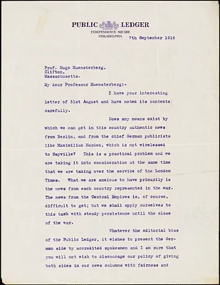 Broughan, Hubert Bruce, 1878- typed letter signed to Hugo Münsterberg, Philadelphia, 07 September 1916