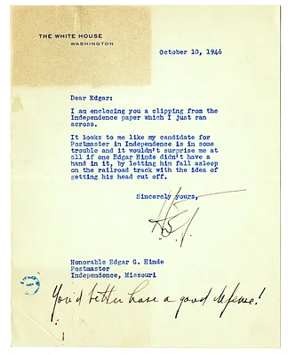 Letter from Harry S. Truman to Edgar Hinde, with Attachment