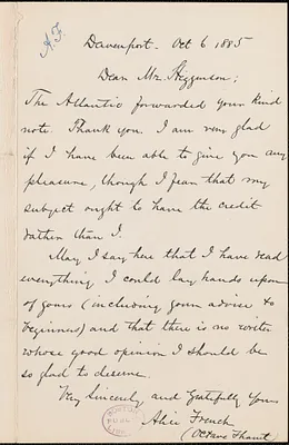 Alice French (Octave Thanet) autograph note signed to Thomas Wentworth Higginson, Davenport, Iowa, 12 October