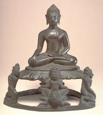 Seated Buddha in ""Maravijaya,"" on Base Featuring Mara's Warriors