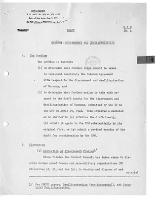 Council of Foreign Ministers Report 4, Draft, Germany: Disarmament and Demilitarization