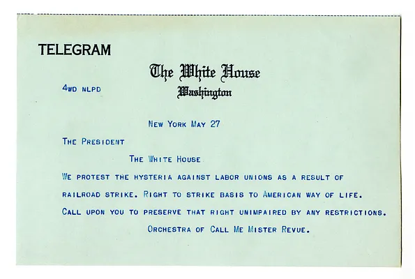 Telegram from the Orchestra of "Call Me Mister Revue" to President Harry S. Truman