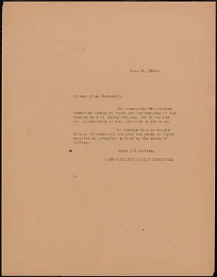 Sacco-Vanzetti Defense Committee typed note (copy) to Alice Stone Blackwell, Boston, Mass., November 18, 1924