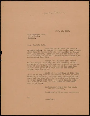 Mary Donovan (Sacco-Vanzetti Defense Committee) typed letter (copy) to Theodore Debs, Boston, Mass., November 14, 1924