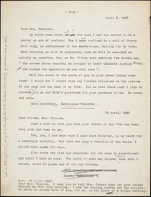 Bartolomeo Vanzetti typed letter (copy) to Gertrude L. Winslow, [Charlestown], 6 April 1927 ; Bartolomeo Vanzetti typed letter (copy) to Gertrude L. Winslow: [Dedham], 13 April 1927