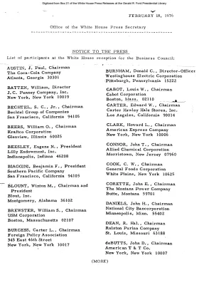 Participants at the White House Reception for the Business Council [Meeting Attendee List]