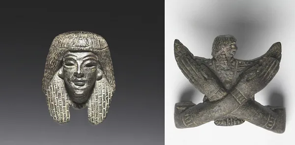 Bronze mounts from a "Shawabty Bundle"; Head and Crossed Arms