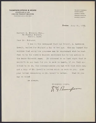 Herbert Brutus Ehrmann Papers, 1906-1970. Sacco-Vanzetti. Correspondence re: research and publication of The Untried Case, 1928-1937. Box 2, Folder 20, Harvard Law School Library, Historical & Special Collections