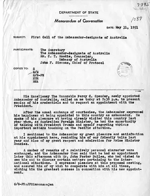 Memorandum of Conversation with Secretary of State Dean Acheson, Ambassador of Australia Percy Spender, C. T. Moodie, and John F. Simmons