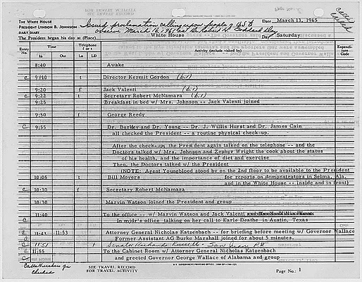 President's Daily Diary Entry, March 13, 1965