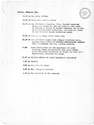 Daily Appointment Sheet for President Harry S. Truman