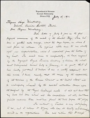 Faust, Albert Bernhardt, 1870-1951 autograph letter signed to Hugo Münsterberg, Ithaca, N.Y., 15 July 1911