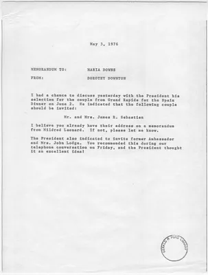 Memorandum from Dorothy Downton to Maria Downs Regarding the Guest List for a State Dinner Honoring the King of Spain