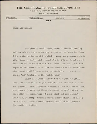 Sacco-Vanzetti Memorial Committee press release, Boston, Mass., [August 1934]