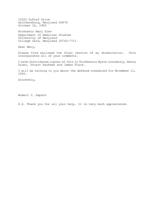 Letter from Dr. Robert J. Kapsch to Professor Mary Sies, Advanced Studies Office Winterthur Museum and Gardens, Cover Letter for Final Copy of Dissertation, October 22, 1993