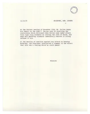 Staff Notes on Senator Joseph McCarthy