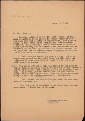Aldino Felicani typed letter (copy) to Roger [N. Baldwin], [Boston, Mass.], August 3, 1933