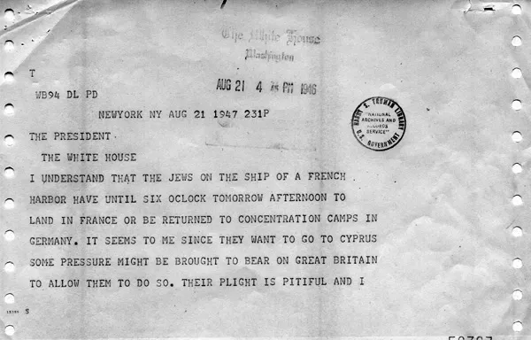 Telegram from Eleanor Roosevelt to Harry S. Truman