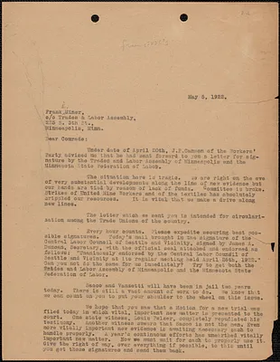 Sacco-Vanzetti Defense Committee typed letter (copy, incomplete) to Frank E. Miner, Boston, Mass., May 5, 1922