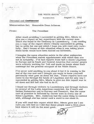 Memorandum from President Harry S. Truman to Secretary of State Dean Acheson with Attached Report from United States Ambassador to Luxembourg Perle Mesta