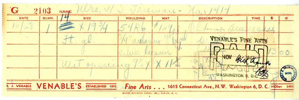 Bill from Venable's Fine Arts for Bess W. Truman
