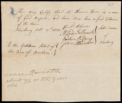 Nancy Harrinton indentured to apprentice with Thomas Husse [Huse] of Newbury, 28 February 1781