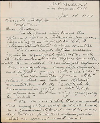Joseph Spivak (United Front Sacco-Vanzetti Defense Conference) autograph letter signed to Sacco-Vanzetti Defense Committee, Los Angeles, Calif., January 14, 1927