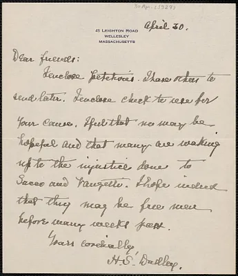 H. S. Dudley autograph letter signed to Sacco-Vanzetti Defense Committee, Wellesley, Mass., April 30, [1927]