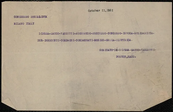 Sacco-Vanzetti Defense Committee telegram (copy), in Italian, to Congresso Socialista, Boston, Mass., October 11, 1921