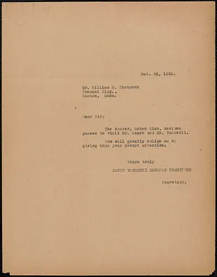 Sacco-Vanzetti Defense Committee typed note (copy) to William G. Thompson, Boston, Mass., October 26, 1925