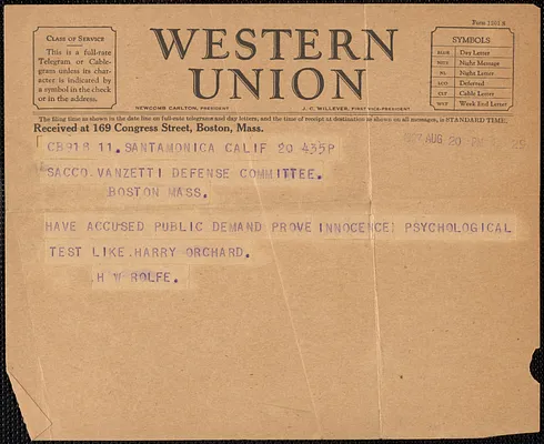 H. W. Rolfe telegram to Sacco-Vanzetti Defense Committee, Santa Monica, Calif., August 20, 1927