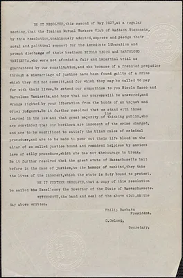 Philip Barbato (Italian Mutual Workers Club of Madison, Wisconsin) typed resolution to [Alvan T. Fuller], Madison, Wis., May 2, 1927