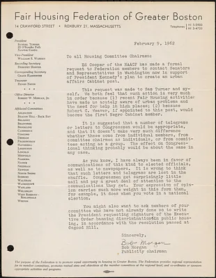 Letter from Publicity Chairman requesting members contact Senators and Representatives in Washington in Support of President Kennedy’s plan to create an urban affairs Cabinet post