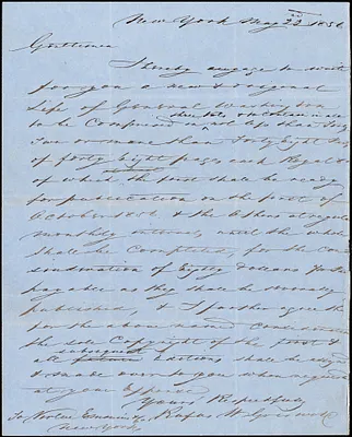 J. Emmins for Virtue Emmins & Co, New York, autograph letter signed to R. W. Griswold, 23 May 1856