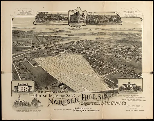 Bird's eye view and sketch of house lots for sale on Norfolk Hills in Braintree & Weymouth