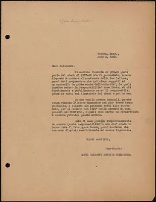 Amleto Fabbri (Sacco-Vanzetti Defense Committee) typed letter (copy), in Italian, to [Matteo?] Calzanera, Boston, Mass., July 2, 1925