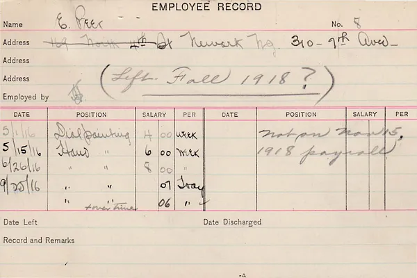 Employee Record, September 5, 1916