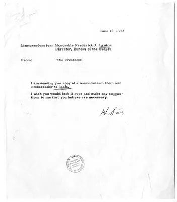 Memorandum from President Harry S. Truman to Frederick. J. Lawton, with Attachments