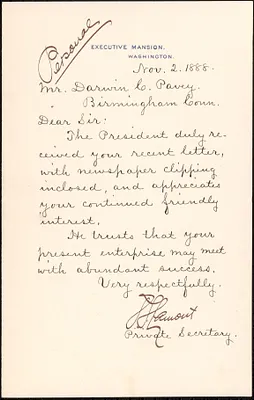 Letter from Daniel S. Lamont, Washington, to Darwin C. Pavey, Birmingham, Conn., 1888 November 2