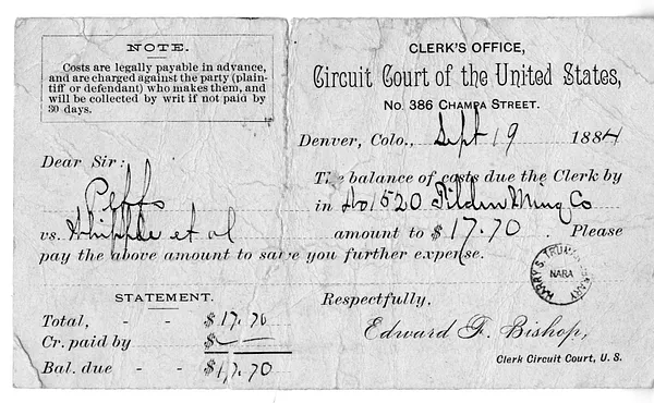 Bill from the Clerk's Office, Circuit Court of the United States, Denver, Colorado