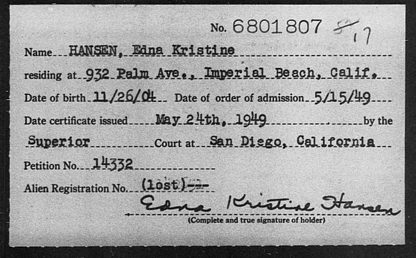 Hansen, Edna Kristine - 1949